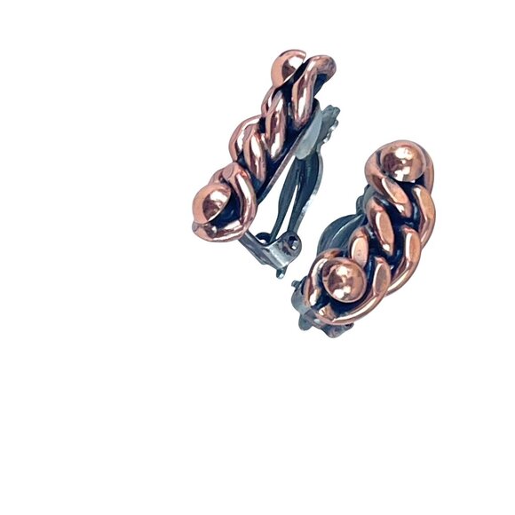 Renoir 1950s Style MCM Chain Link Vintage Copper Braided Clip-On Earrings - Picture 2 of 9